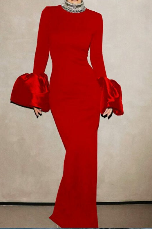 Sparkling Round Neck Long Sleeve Bubble Sleeve Formal Dress S / Red