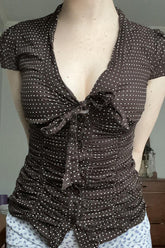 Button Tie Waist Dot Print Blouse