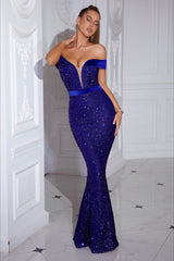 Sequin Off Shoulder Slit Formal Dress S / Blue