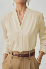 V Neck Satin Long Sleeve Blouse