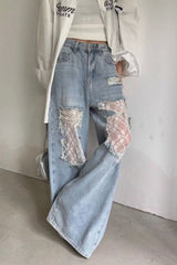 Lace Patchwork Ripped Loose Jeans Light Blue / S