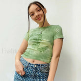 90s Butterfly Print Sexy T Shirt Green / S