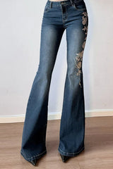 Vintage Plant Embroidered Bootcut Jeans