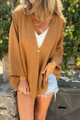 Loose Fit V Neck Long Sleeve Cardigan Tan / S