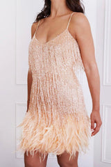 Feather Trim Sequin Cami Party Dress S / Champagne