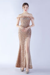 Velvet Sequin Ostrich Feather Off Shoulder Formal Dress