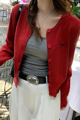 Bow Embroidered Knit Cardigan Red / S