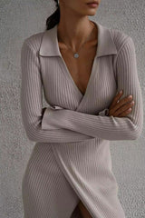 Belted Long Sleeve Solid Knit Sweater Dress