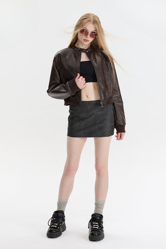 PU Leather Zip Up Bomber Jacket