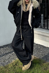 Black Short Puffer Fur Collar Jacket