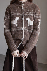 Vintage Stand Collar Puppy Print Jacquard Sweater