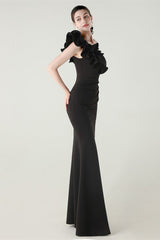 Ruffled Floral One Shoulder Satin Party Dress