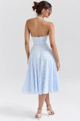 Romantic Blue Halter Jacquard Party Dress