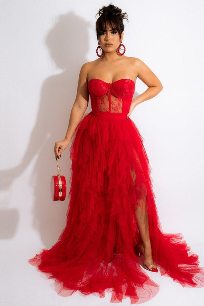 Sheer Lace Bustier Formal Dress