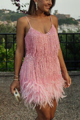 Feather Trim Sequin Cami Party Dress S / Pink