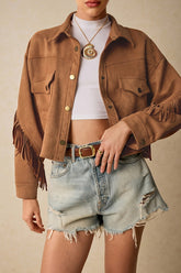 Fringe Trim Drop Shoulder Casual Jacket Brown / S