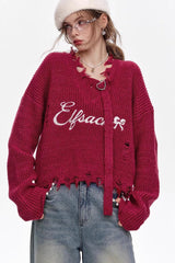 Red Embroidered Raw Edge Wool Blend Sweater