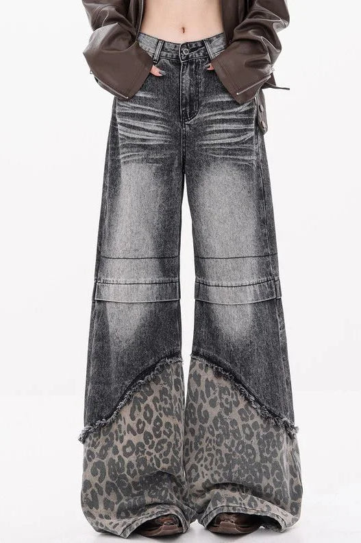 Patchwork Leopard Wide Leg Jeans