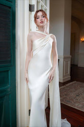 Elegant Satin Slant Neck Sheath Formal Dress