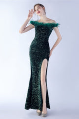 Velvet Sequin Ostrich Feather Off Shoulder Formal Dress