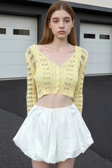 Hollow Out Knit V Neck Long Sleeve Cardigan