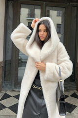 Long Hooded Belted Mink Faux Fur Overcoat