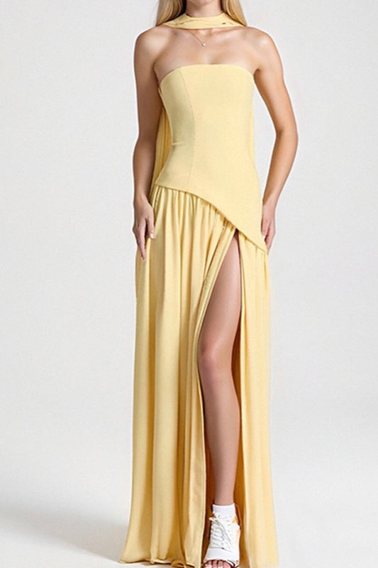 Solid Bustier High Slit Formal Dress S / Yellow