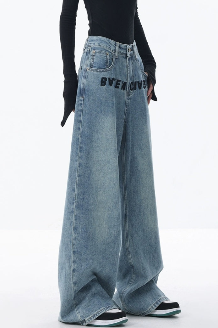 High Rise Embroidered Wide Leg Jeans