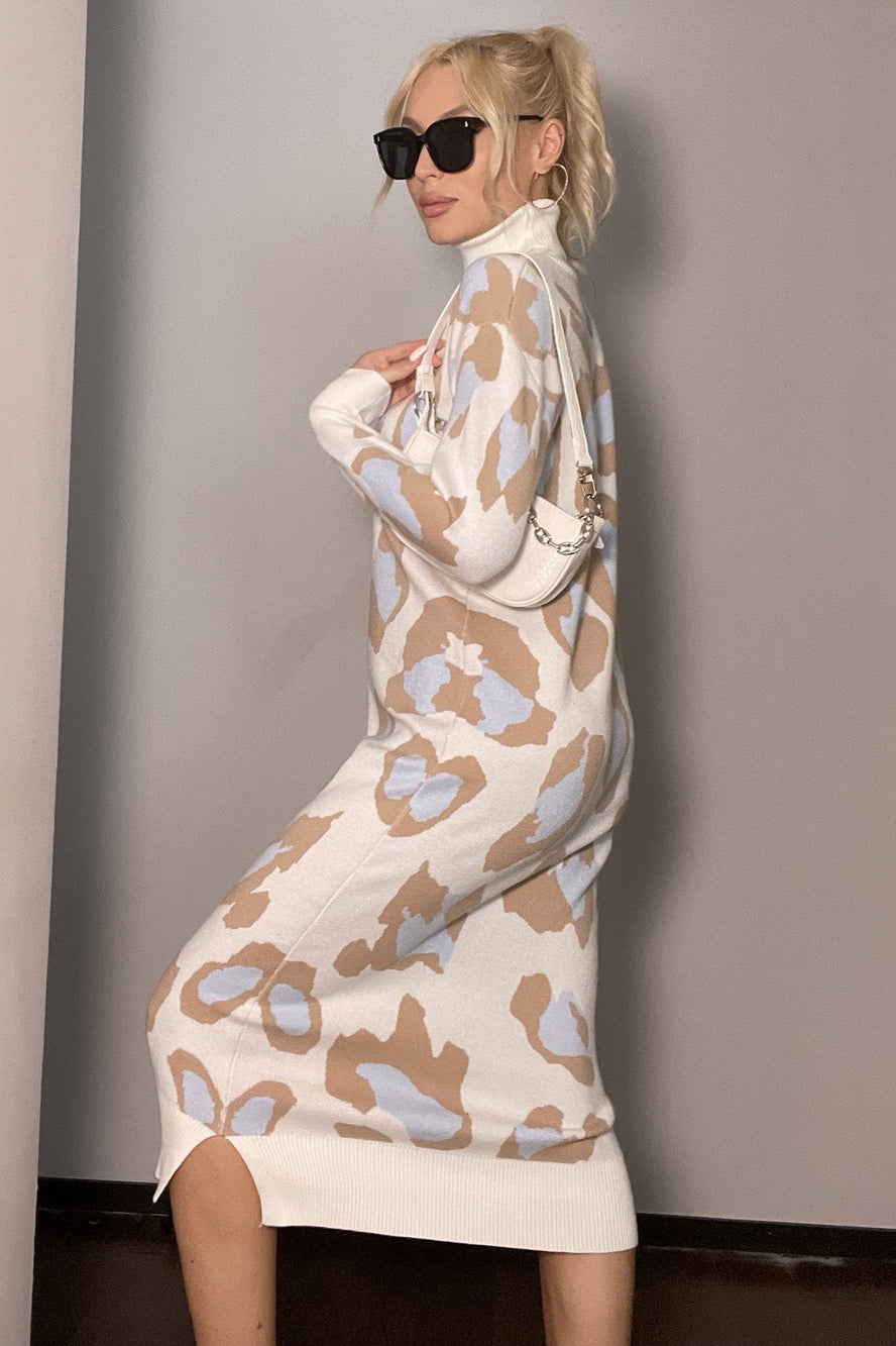 Leopard Print Turtleneck Sweater Dress Ivory / One Size