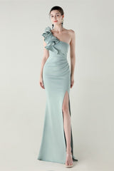 Ruffled Floral One Shoulder Satin Party Dress