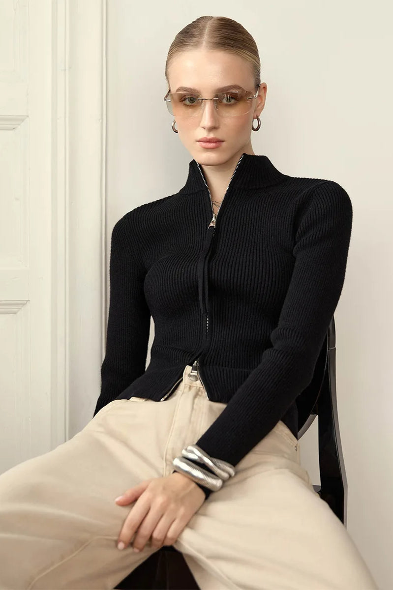 Casual Zip Front Knit Cardigan Black / S