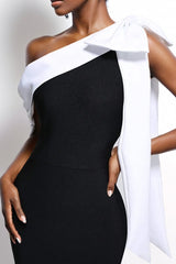 Bandage One-shoulder Color Block Bow Cocktail Dress