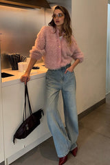 Solid Color Button-Up Faux Fur Knit Sweater