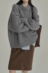 Minimalist Retro Crewneck Solid Color Loose Fit Knit Sweater