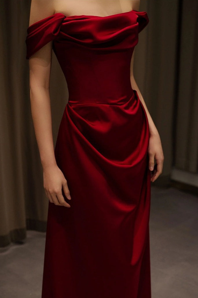 Off Shoulder Wine Red Satin Formal Dress