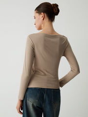 Oatmeal Ruched Graceful Long Sleeve Top T Shirts