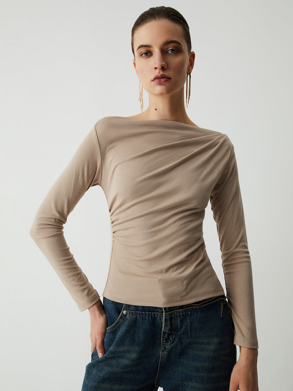 Oatmeal Ruched Graceful Long Sleeve Top Khaki / XS T Shirts