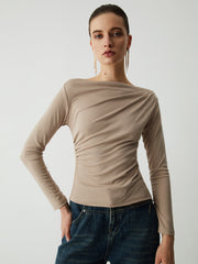 Oatmeal Ruched Graceful Long Sleeve Top Khaki / XS T Shirts