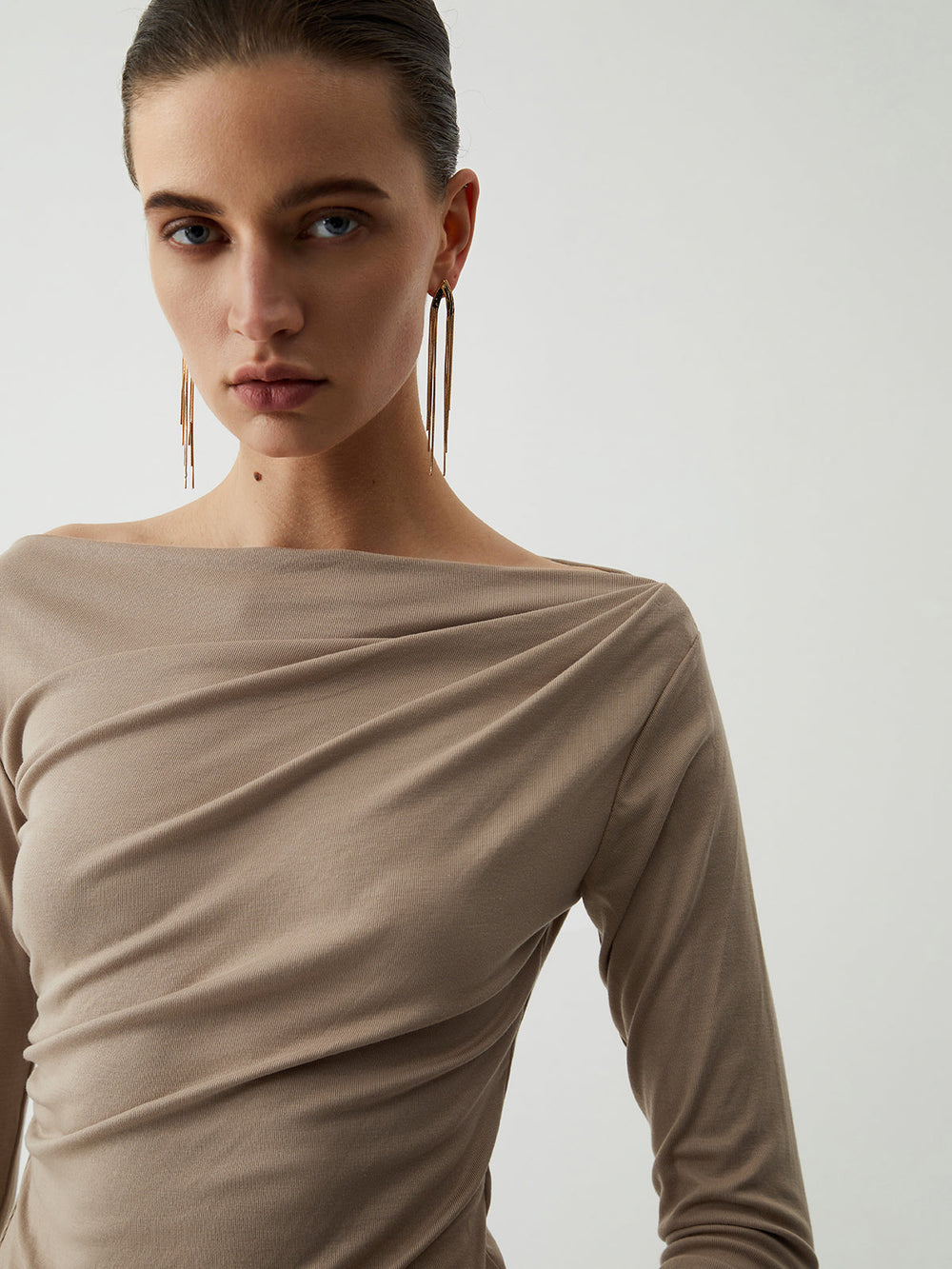 Oatmeal Ruched Graceful Long Sleeve Top T Shirts