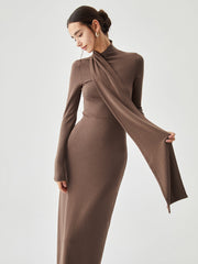 Bodycon High Neck Ribbed Knit Classic Long Dress with Matching Scarf Light Brown / XS Knit Dresses