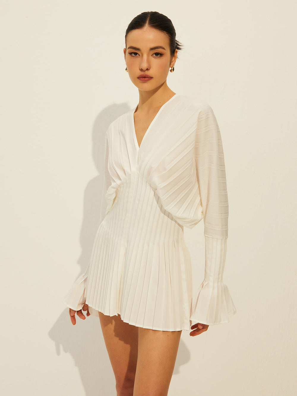 Pleated V Neck Long Sleeve Dress Dresses