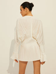 Pleated V Neck Long Sleeve Dress Dresses