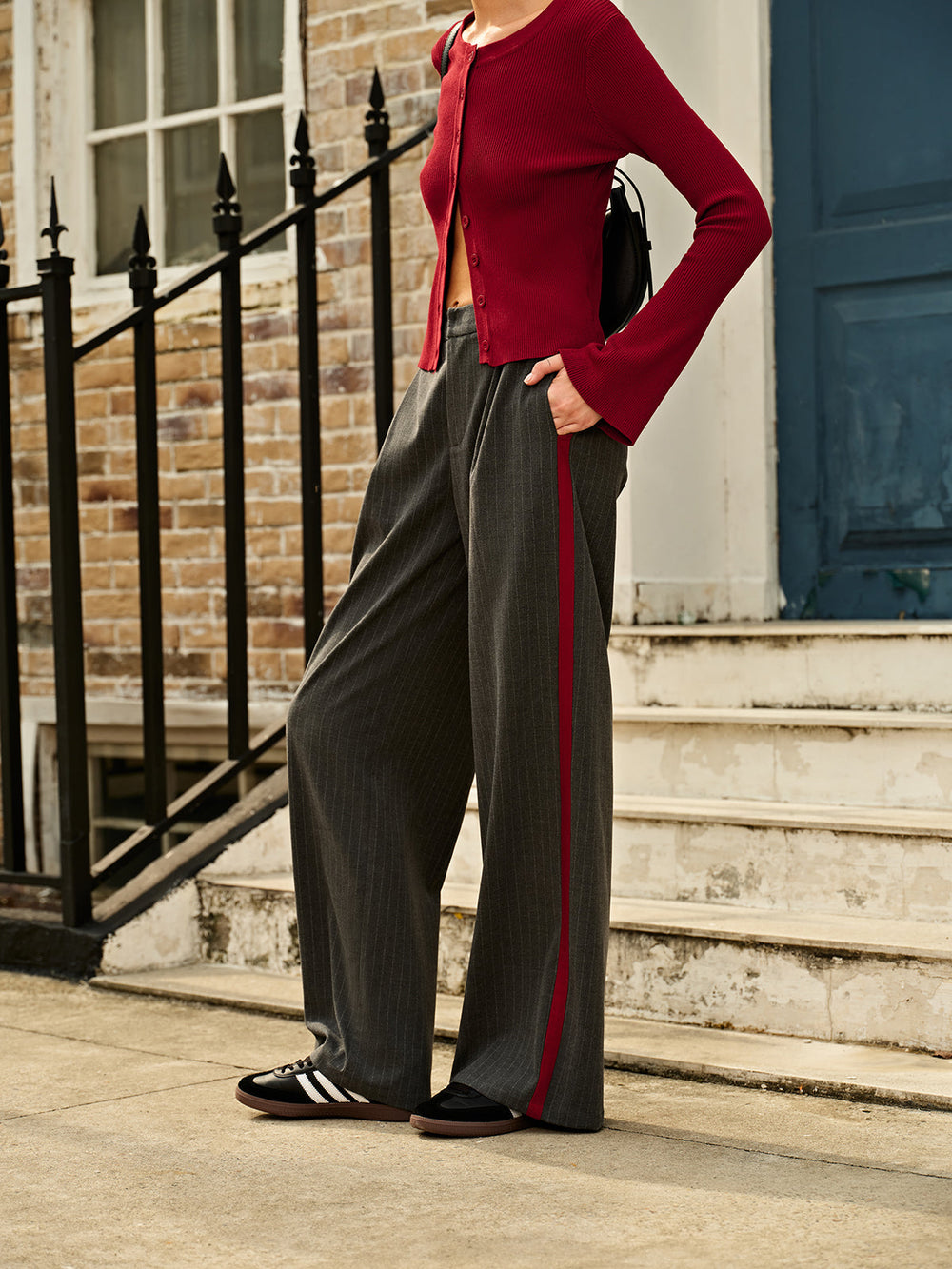 Contrast Piping Pinstripe Pants Pants