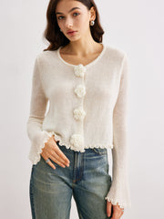 Wool Blend Lettuce Trim 3D Flower Cardigan Beige / XS Cardigans