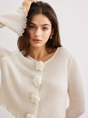 Wool Blend Lettuce Trim 3D Flower Cardigan Cardigans