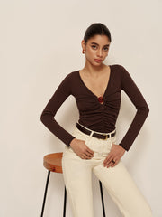 V Neck Cutout Pleated Slim Knit Top Dark Brown / S Knit Tops
