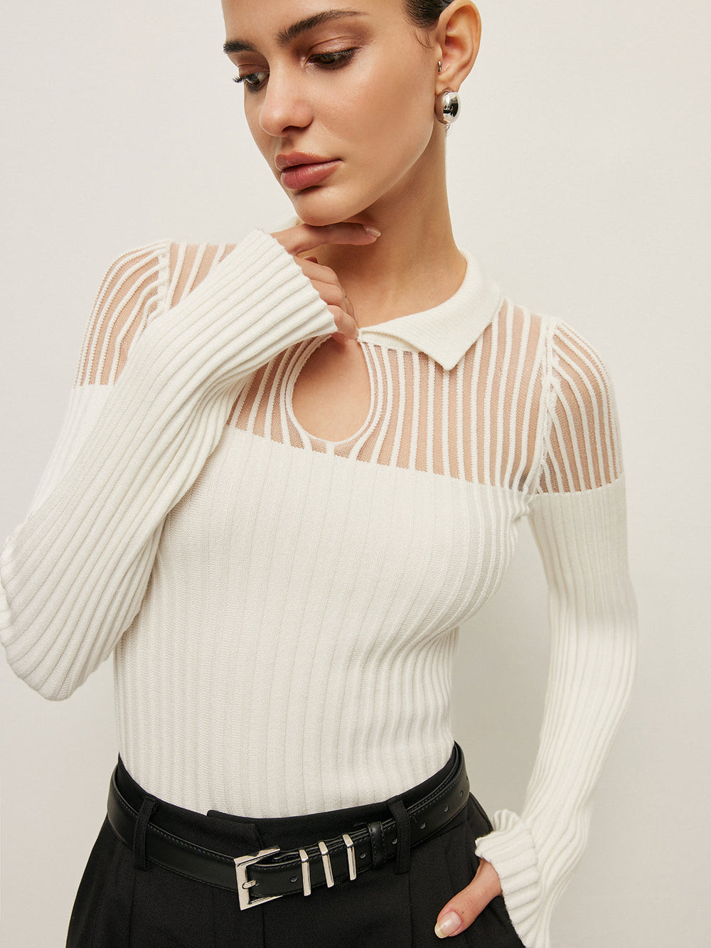 Ribbed Keyhole Collar Top Sweaters