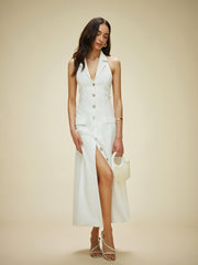 Cotton & Linen Pocket Detail Halter Neck Tie Back Dress White / XS Dresses