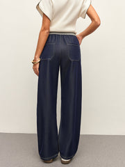 High Waist Drawstring Denim Pants With Pockets Pants