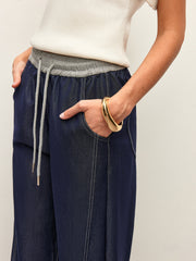 High Waist Drawstring Denim Pants With Pockets Pants